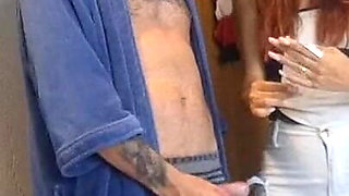 Perverted Grandpa Receives Delivery Woman with an Erection!