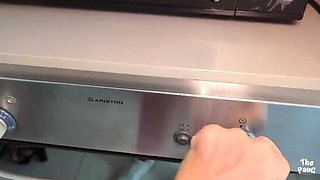 Stepmom in sexy pajamas gets surprise kitchen fuck from stepson doggystyle