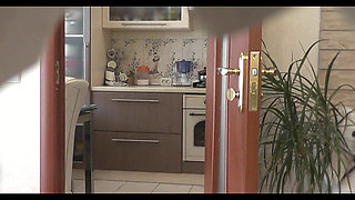 Wife called neighbor in kitchen fix kettle when husband is away. He fucked pussy doggystyle on bed in bedroom and cumshot