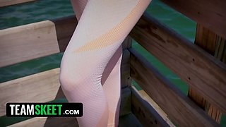 Kay Lovely works on her spreading routine in public so she can find a new dumb sugar pop -teamskeet