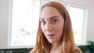 Busty stepmom uses her feet and mouth to build him up