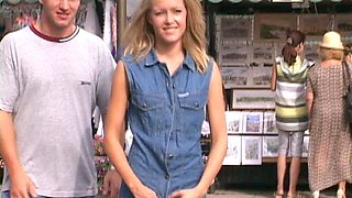 Blonde Amateur Takes Facial Outdoors In Public