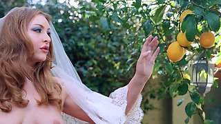 Redhead MILF bride flashes her big boobs
