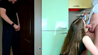 Cuckold Masturbates as Girl Blows His Dick, Takes Cum!