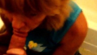 Blonde Granny Blowjob in a Bathroom