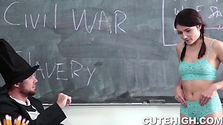 Brunette teen with tattoos takes on history teacher in hardcore reality roleplay