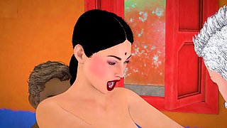 Chubby Indian bhabhi gets double teamed by her landlord and milkman in animated gangbang