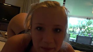 Vacationing blonde cutie gets her pussy smashed early