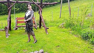 Raincoat, Nylons And Bra With Open Nipples