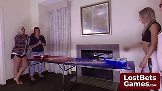 Blonde Teen Lesbians Lose Strip Beer Pong Bet - 2 on 2 Foursome Game Challenge