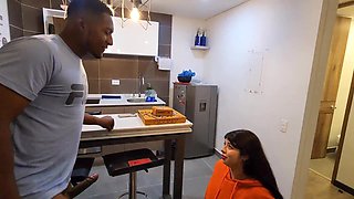 Busty and beautiful Jennie fucks the pizza delivery guy, hot interracial sex