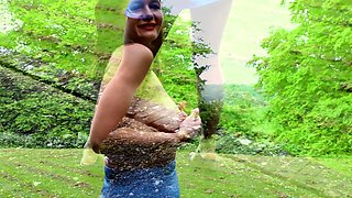 Busty curly brunette with big boobs fucks on couch