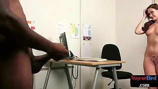 Office voyeur MILF seducing black colleague while masturbating