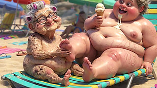 Elderly Granny Passionately Sucking BBW Feet on the Beach