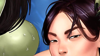 Hot Threesome Sex with a Muscular Big Boobs Orc Woman and a Hot Asian MILF - Cartoon Animated Porn Game - What a Legend!
