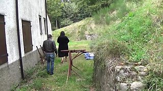 Slutty BBW fucked by two cock outdoor