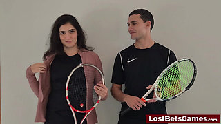 Rafaela and Igor are taking their Strip Tennis match outside
